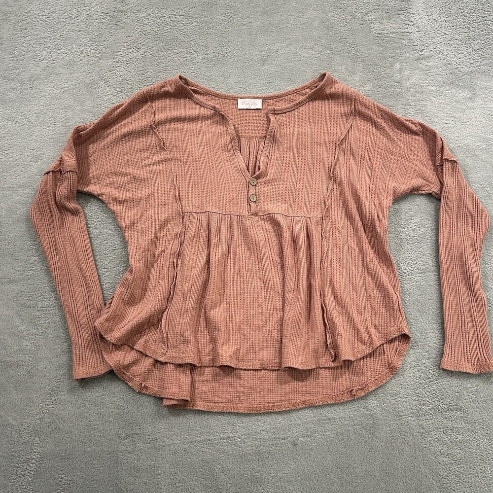 Pink Lily 1/4 Button Shirt Women's S Pink Baggy Long Sleeve Lounge Boho